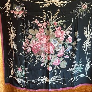 Vintage Black Floral Silk Scarf with Pink Bouquet Large
